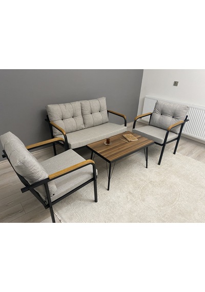 Modern Güneş Balkon, Bahçe, Cafe - Metal Kanepe Koltuk Takımı - 2+1+1 + Sehpa Açık Gri Modernsh27 Açık Gri