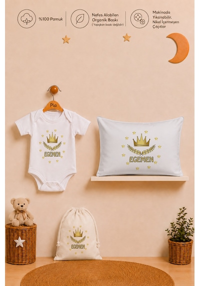 Pia Baby Erkek Bebek İsme Özel Hediye Seti %100 Pamuk Body Yastık Kılıfı Ve Ham Bez Bebek Kıyafet Kesesi 2053byk2x Ekru