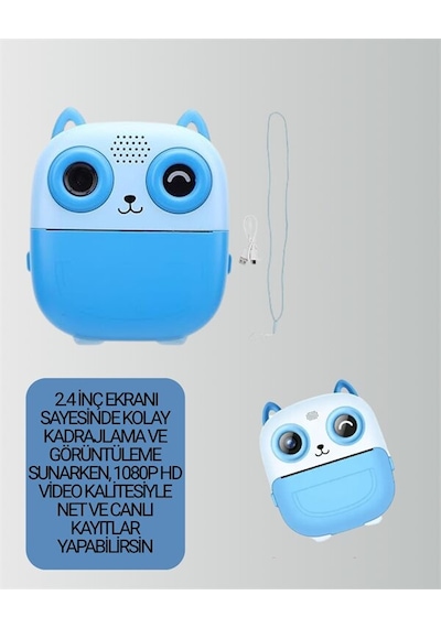 Termal Yazıcılı Dijital Kamera Usb Şarjlı Hd Video Destekli Mavi