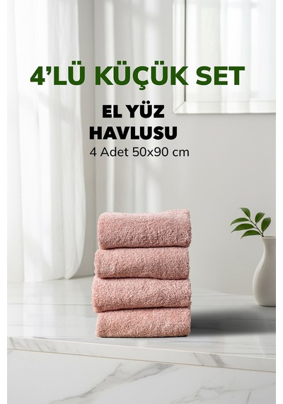 4 Lü Çizgili Pudra Renk Yumuşak Pamuk El Yüz Havlusu Seti 50x90 Cm