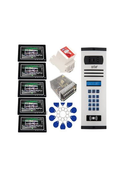 5 Daire Nts 2015-s 7'' Görüntülü Diafon Siyah-8004 Tuş Takımlı Şifreli+geçişli Zil Panelli Set