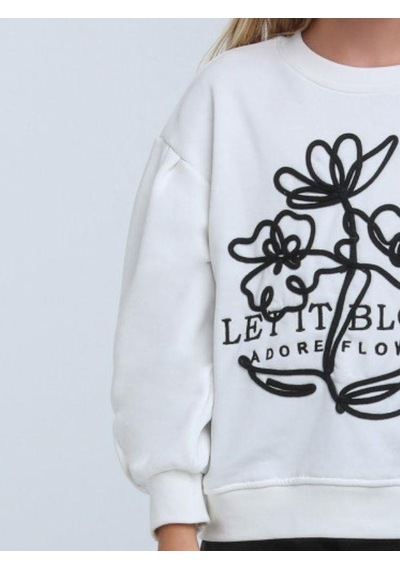 Kız Çocuk Çiçek Nakışlı Sweatshirt-14248 Beyaz