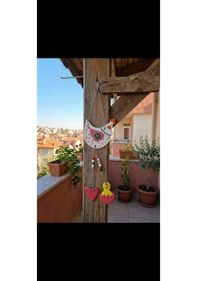 El Yapımı Taş Tozu 2li Tavuk Figürlü - Renkli Balkon Ve Bahçe Asma Süsü - Dekoratif Duvar Süsü