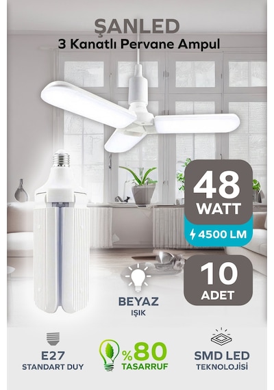 3 Kanatlı Pervane 48w Ampul Beyaz Işık-1 Adettir 1 Adet