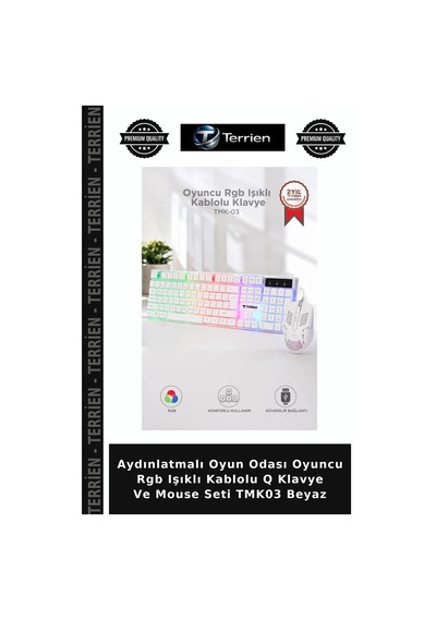 Aydınlatmalı Oyun Odası Oyuncu Rgb Işıklı Kablolu Q Klavye Ve Mouse Seti Tmk03 Beyaz