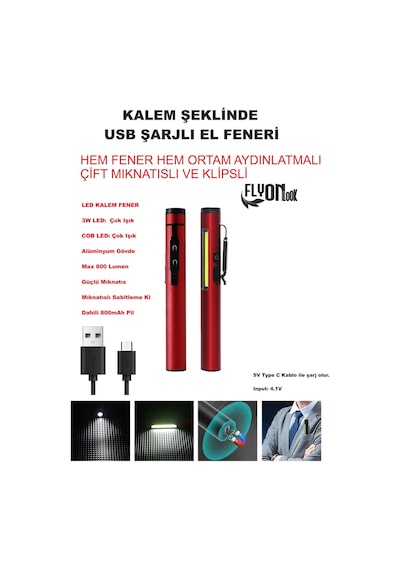 Kalem Şeklinde Şarj Edilebilir El Feneri Güçlü Mıknatıslı Hem Ortam Aydınlatma Hem Fener Kamp Lamba Kırmızı