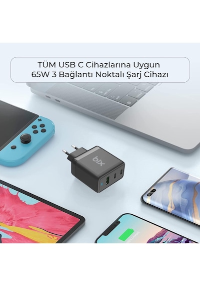 Bix BX3P65G Gan 65 W USB-A Type-C PD Hızlı Şarj Cihazı Beyaz