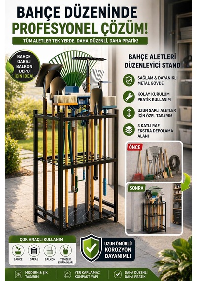 Bahçe Aletleri Düzenleyici Stand Kazma Kürek Organizer Raf Çok Amaçlı Metal Garaj Balkon Rafı