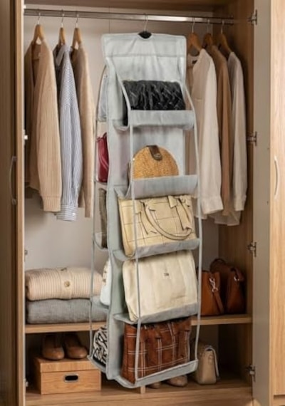 Ayrex Orret Home 10 Bölmeli Askılı Çanta Organizeri 37x125 Cm Gri Renk, Dolap İçi Asılabilir Çanta Düzenley Altın