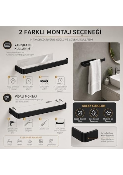Lamalı Siyah Yapışkanlı Lüks Tasarım Solo Peçetelik, Metal Havluluk, Hem Yapışkanlı Hem Vidalı Montajlı, Banyo Ve Mutfak İçin Modern Duvar Havlu Askısı Diğer
