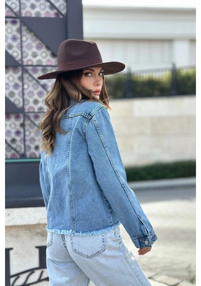 Kadın Açık Mavi Çift Cepli, Eteği Püsküllü, Kaliteli Jeans Kumaş, Rahat Kesim, Kot Ceket Kadın Açık Mavi Çift Cepli, Eteği Püsküllü, Kaliteli Jeans Kumaş, Rahat Kesim, Kot Ceket
