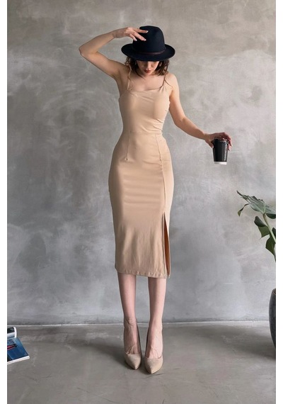 Nido Moda Kadın İp Askılı Yırtmaçlı Midi Dalgıç Elbise Bej