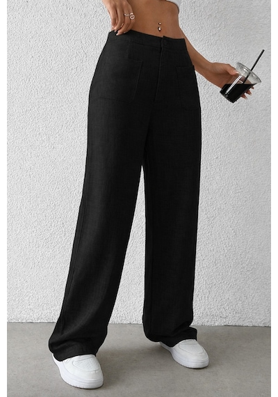 Tarz Cool Kadın Wide Leg Pantolon Ön Cep Detaylı Rahat Kalıp Günlük Pantolon Siyah