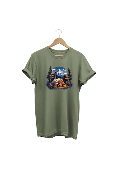 Yazlık Kamp Doğa Çadır Ve Dağ Baskılı %100 Pamuk Regular Fit Bisiklet Yaka T-shirt Haki