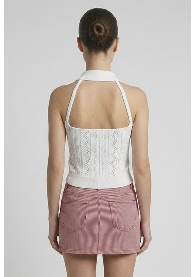 Neden Tekstil Kadın Polo Yaka Sırt Dekolteli Crop Bluz - Beyaz