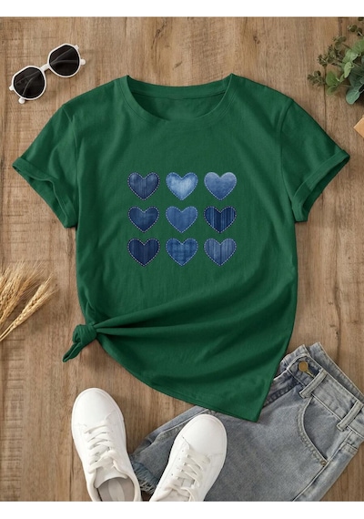 Uyguntarz Unisex Jean Desenli Kalp Tasarım Basklı Tshirt Yeşil