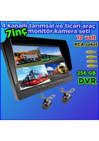 2 Adet Kelebek Kamera Ve 7 İnç Dvr Monitör 12 Volt 256 Gb