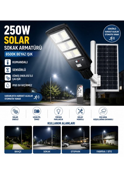 250w Kumandalı Solar Güneş Enerjili Sokak Armatürü 6500k