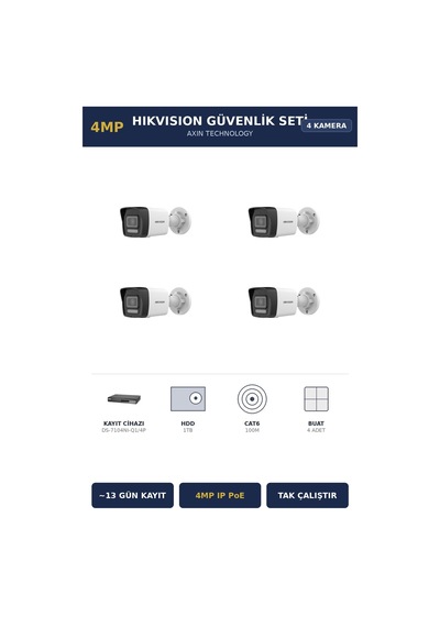 Hikvision 4 Kameralı 4mp Güvenlik Kamera Seti 4mp Ip Poe 1tb 13 Gün Kayıt Bullet Dış Mekan
