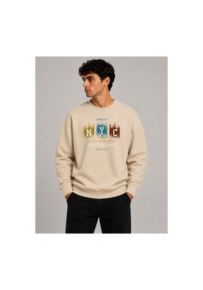 Herkesemoda Nyc Baskılı Bisiklet Yaka Şardonlu 2 İplik Sweatshirt Bej