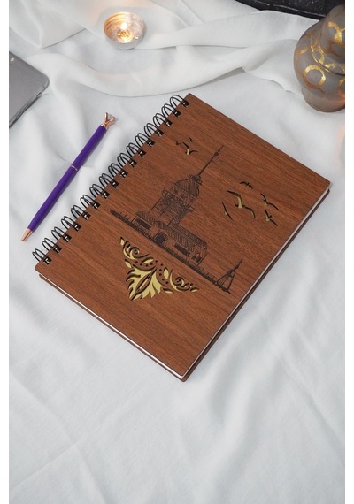 A5 Spiralli Kız Kulesi Motifli Ahşap Defter - Çizgisiz Defter Ahşap Rengi Ceviz A5 Notebook