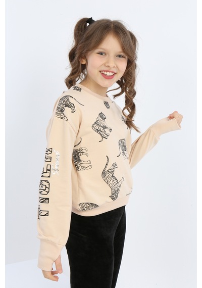 Toontoy Kız Çocuk Tiger Trend Baskılı Sweatshirt Bej