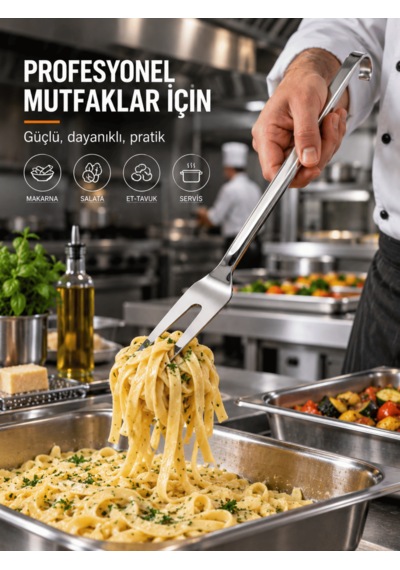 Beylini Endüstriyel Sanayi Tipi Servis Çatalı Paslanmaz Çelik Uzun Saplı Lokanta Restoran Yemekhane Asılabilir Mutfak Çatalı No2