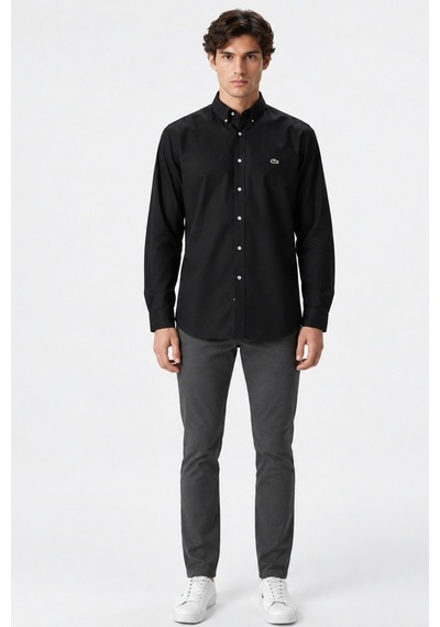 Lacoste Mens Slim Fit Black Shirt Dar Kesim Pamuklu Erkek Gömlek Siyah