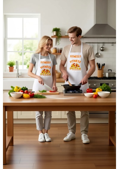 Unisex Mutfak Aşçı Önlüğü Pizza Baskılı Komik Tasarım Mizah Desen Beyaz