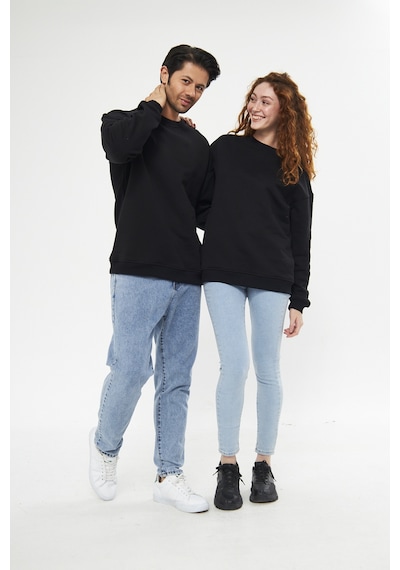 Unisex Siyah Oversize Basic Sweatshirt Çift Kombini Tavsiyesi Siyah