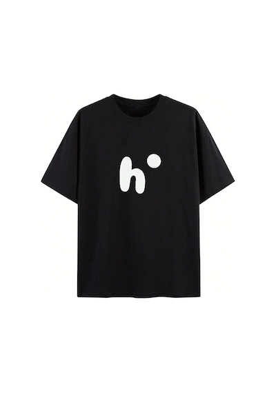 Unisex Siyah Oversize H. Baskılı Örme T-shirt Siyah