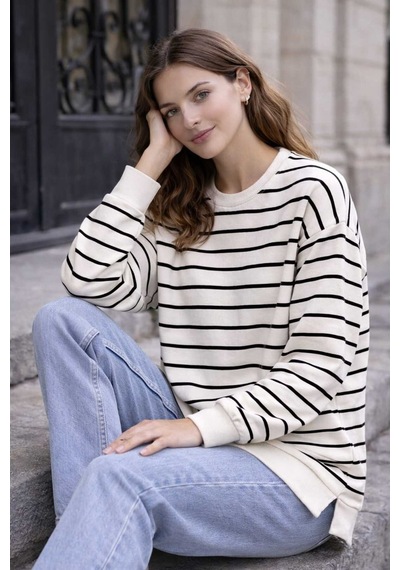 Tenra Oversize Geniş Kalıp Kadın Sweatshirt Bisiklet Yaka Basic Çizgili Siyah