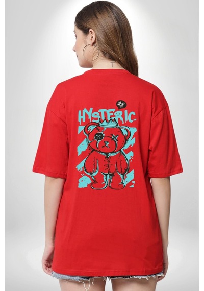 Histerik Kırmızı Oversize Unisex Ön Ve Sırt Baskılı Tişört Kırmızı
