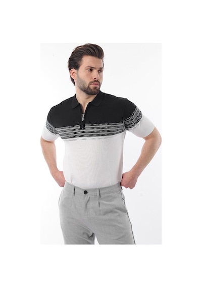 Madmext Siyah Fermuarlı Polo Yaka Desenli Erkek T-shirt E7296 Siyah