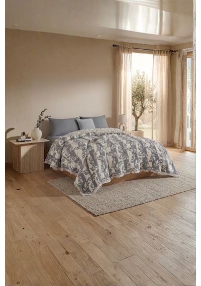 Nuvia 5 Kat Dolgulu Müslin Çift Kişilik Yatak Örtüsü %100 Pamuk Jakar Dokulu 220x240 Cm Gri