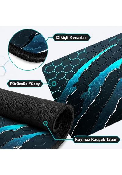 90x40 Cm Mouse Pad, Turkuaz Pençe Hexagon Desenli Büyük Mouse Pad, Kaymaz Kauçuk Tabanlı, Dikişli Kenarlı 3 Mm Klavye Ve Mouse Altlığı, Gaming Desk Mat