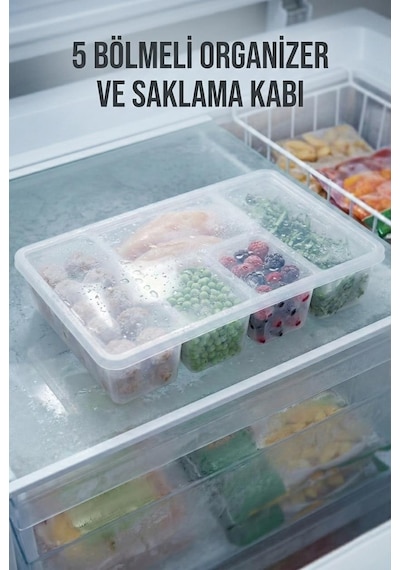 5 Bölmeli Şeffaf Buzdolabı İçi Düzenleyici & Kapaklı Dondurucu Saklama Kabı 24x38 Cm Şeffaf