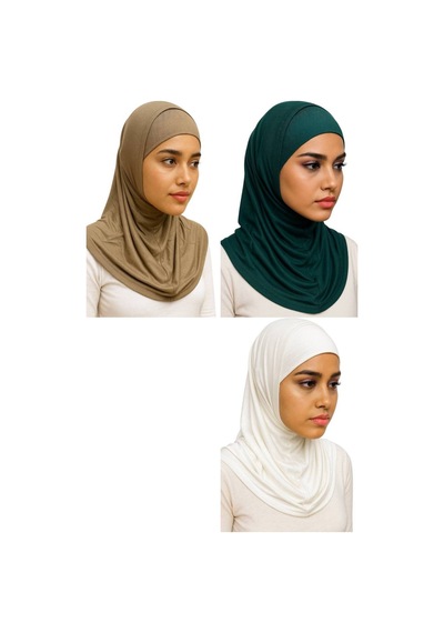Aldaıyr 3adet Hijab 2 Parça Likra Kumaş Vizon Koyu Yeşil Ekru