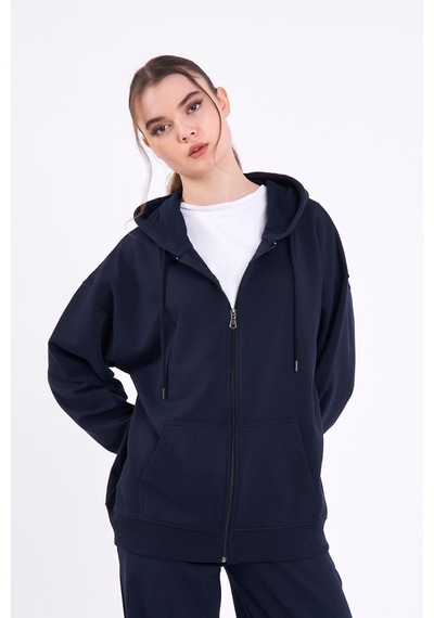 Comeor Lacivert Kanguru Cepli Kapüşonlu Fermuarlı Oversize Kadın Sweatshirt Cmrb73 Lacivert