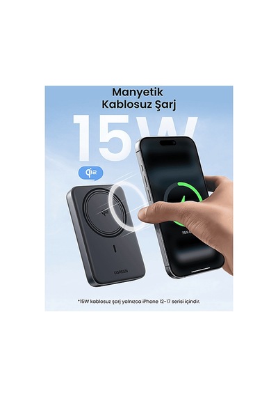 Ugreen 10.000 Mah Magnetic Wireless Manyetik Kablosuz Taşınabilir Şarj Cihazı Siyah