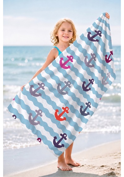 Çapa Marine Plaj Havlusu - Nautical Dalga Çizgili Mavi Beyaz Hızlı Kuruyan Mikrofiber Havlu Kumlu Ada