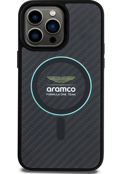 Apple Uyumlu iPhone 14 Pro Max Kılıf Aston Martin Lisanslı Magsafe Renkli Halka Ve Karbon Fiber Kapak Siyah-yeşil
