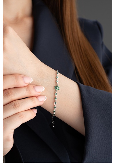 Çekirdekjewelry 925 Ayar Gümüş Yeşil Taşlı Lotus Bileklik Gri