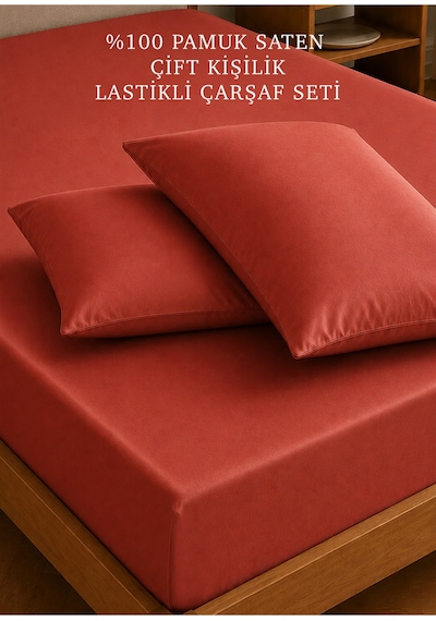 Bella Maison %100 Pamuk Saten Çift Kişilik Lastikli Çarşaf Seti Kiremit 160x200x35 Cm Kırmızı