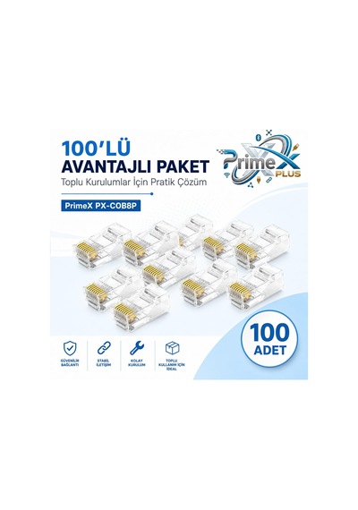 Primex Px-cob8p Rj45 Jack, 100 Lü Paket Utp Ethernet Konnektör, 8p8c Network Lan Kablo Ucu, İnternet Kablosu Sonlandırma Plug, Modem Router Switch Panel Kamera Sistemi Bağlantı Jakı