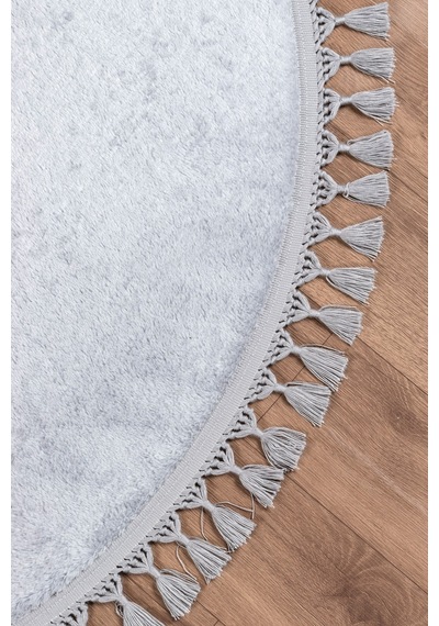 Comfort Yuvarlak Ponpon Saçaklı Peluş Halı Yatak Odası- Çocuk Odası- Antre- Yemek Odası Kaymaz Taban Gri