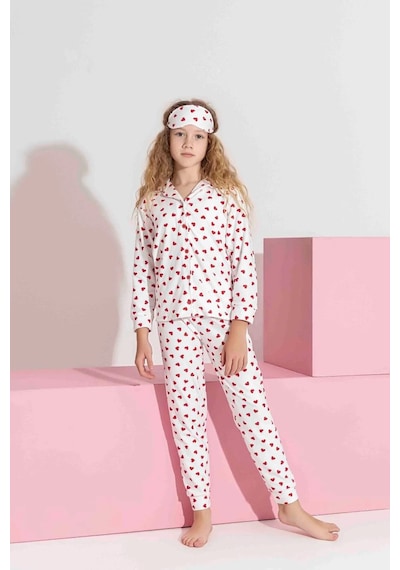 Miniğimin Cicileri Termal Kumaş Kalp Desenli Kız Çocuk Pijama... Beyaz
