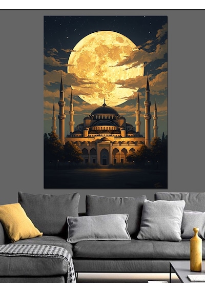 Ahşap Tablo Gece Dolunay Altında Camii Görseli İnsan Figürlü Tablolar