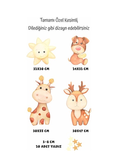 MSticker Sevimli Zürafa,Köpek,Geyik Ve Yıldızlar Çocuk Bebek Odası Sticker