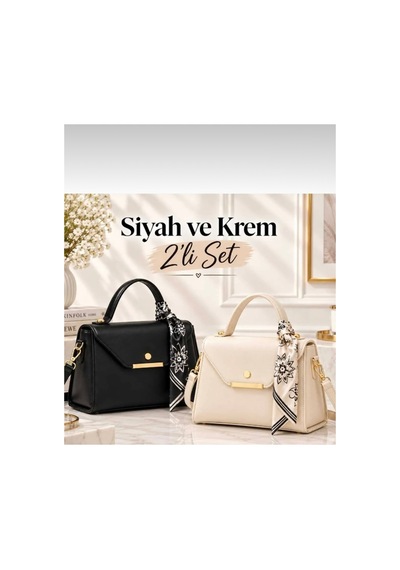 Arvelia Siyah,krem 2 Li Paket Suni Deri Fular Detaylı El Ve Omuz Çantası Sarı Sarı